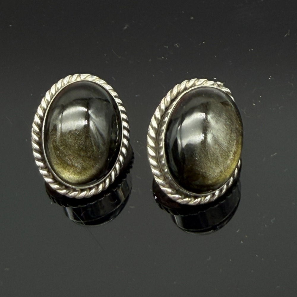 Vintage Taxco Gold Sheen Black Obsidian Cabochon Dome Clip Earrings Sterling